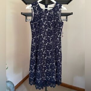 Donna Ricco Navy and White Floral Lace Midi Dress
